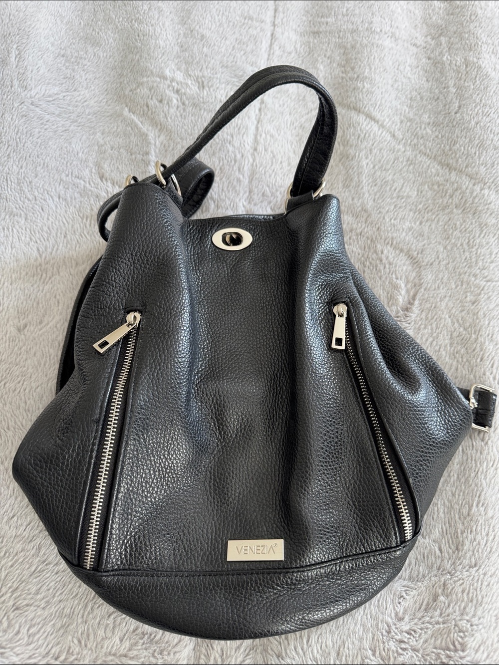 Venezia Black Pebbled Leather Shoulder Bag with Silver Hardware